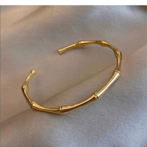 Gold Tone Bamboo Style Open Cuff Bracelet Minimalist Modern Jewelry NWT